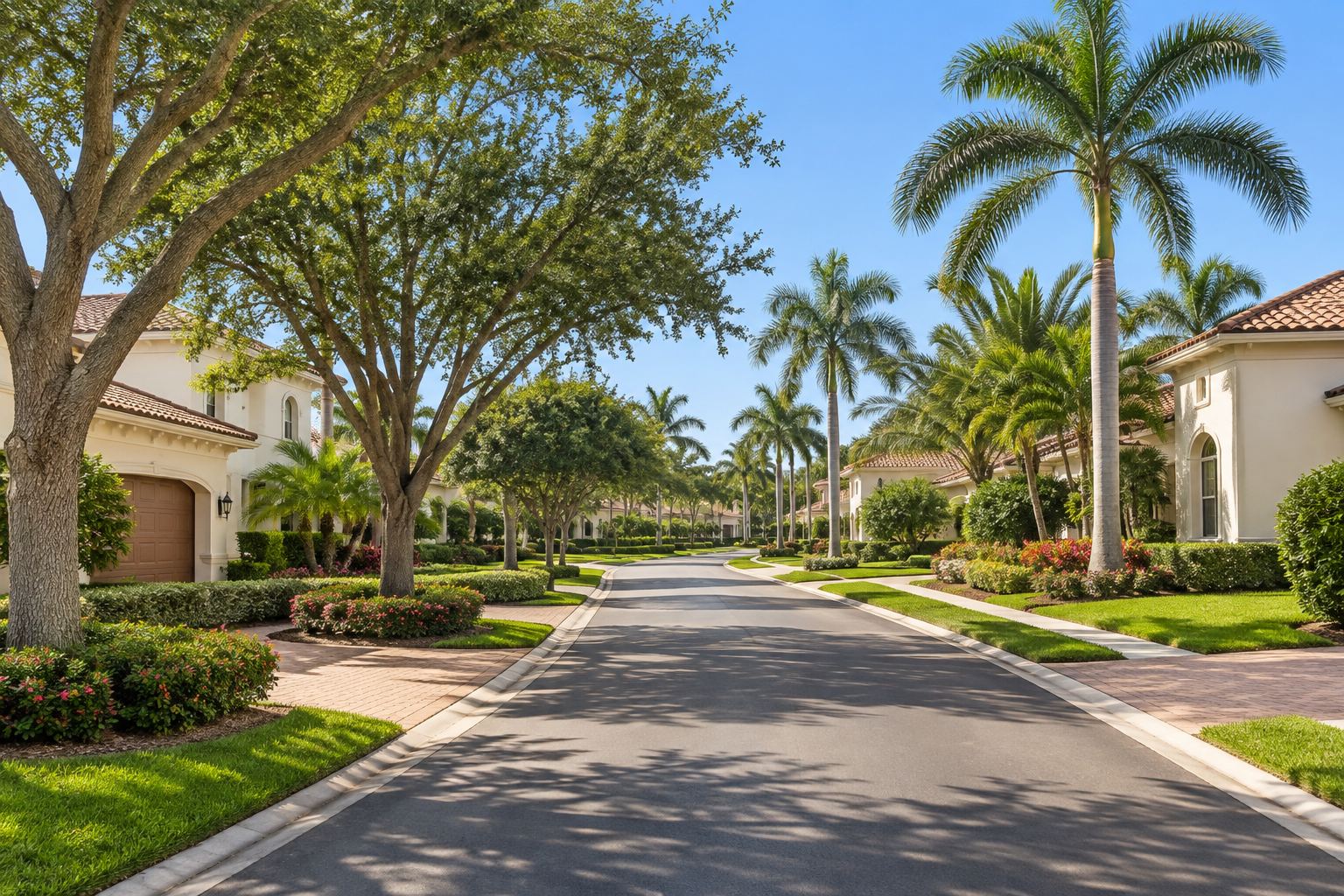 A Naples residential street at sunset, illustrative